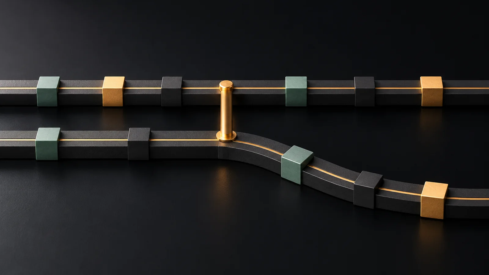 Two dark timeline rails drifting apart, joined at the divergence by an amber alignment pin